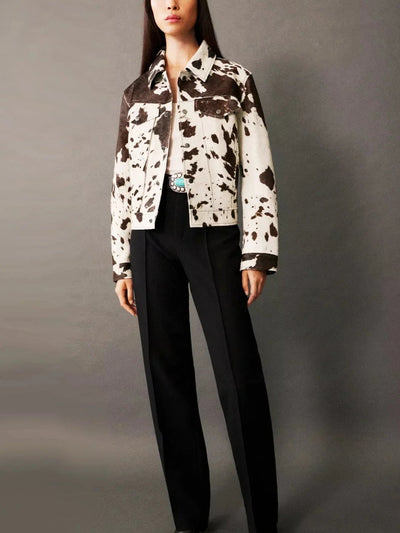 Cow Print Faux Fur Shirt-Style Jacket