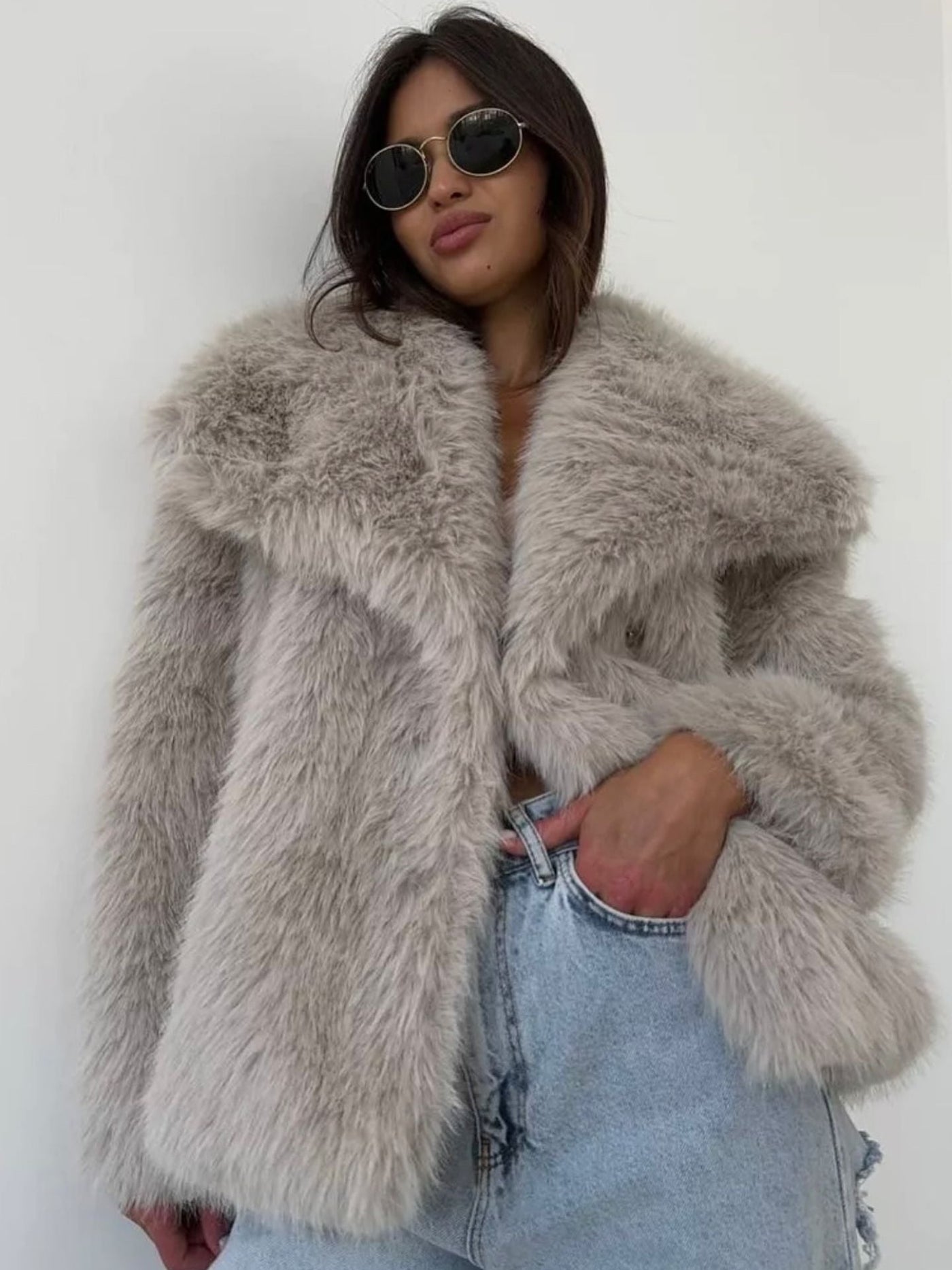 Enid Faux Fur Shawl Collar Jacket