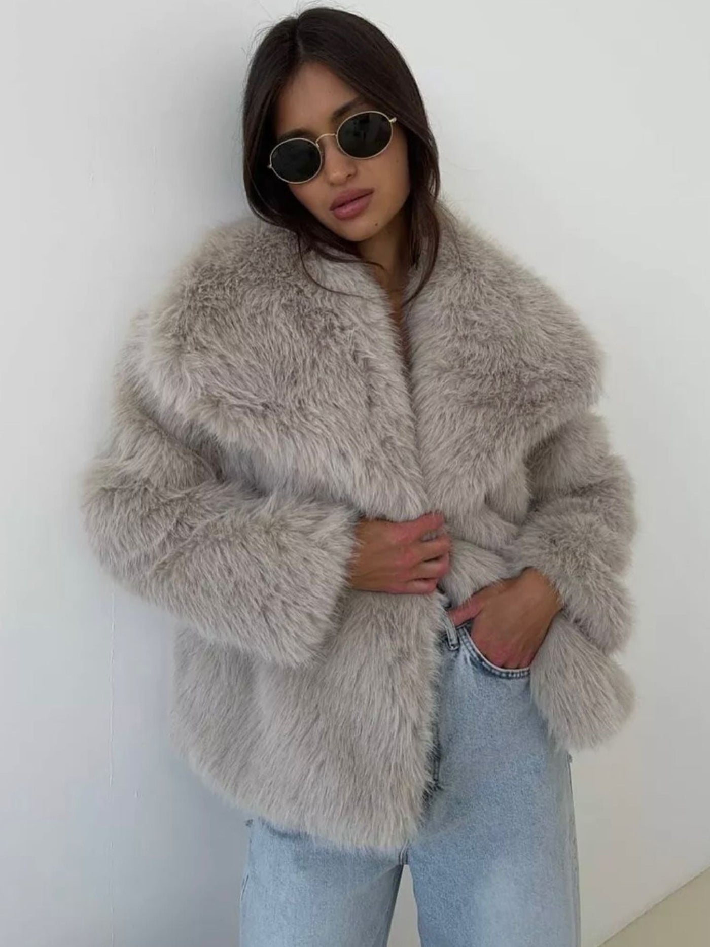 Enid Faux Fur Shawl Collar Jacket