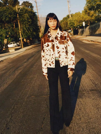 Cow Print Faux Fur Shirt-Style Jacket