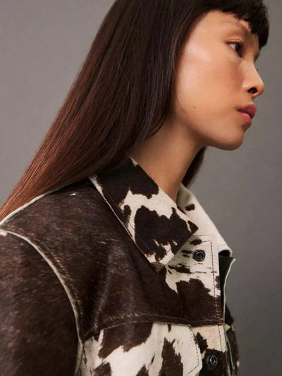 Cow Print Faux Fur Shirt-Style Jacket