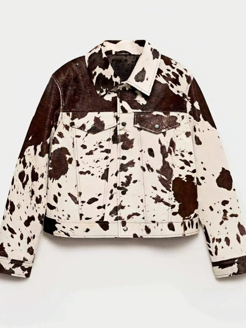 Cow Print Faux Fur Shirt-Style Jacket
