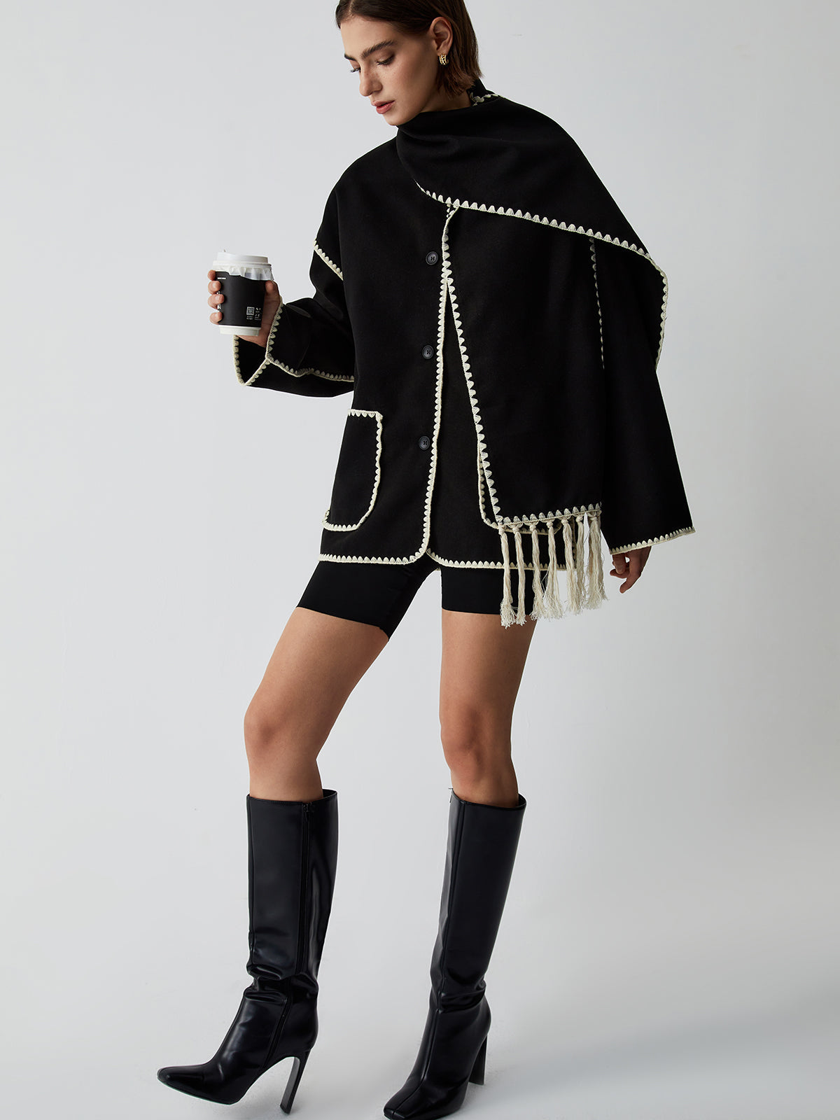Iris Contrast Trim Scarf Coat