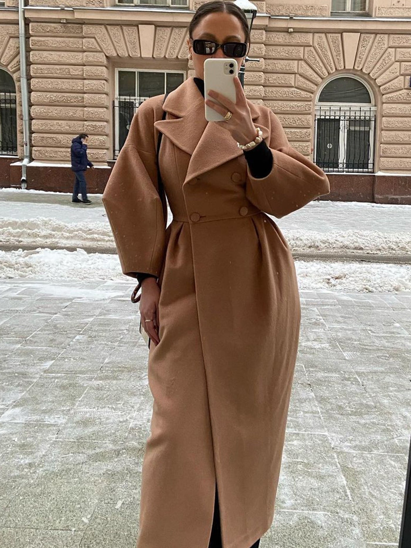 Renata Double-breasted Lantern Sleeve Coat - Brown