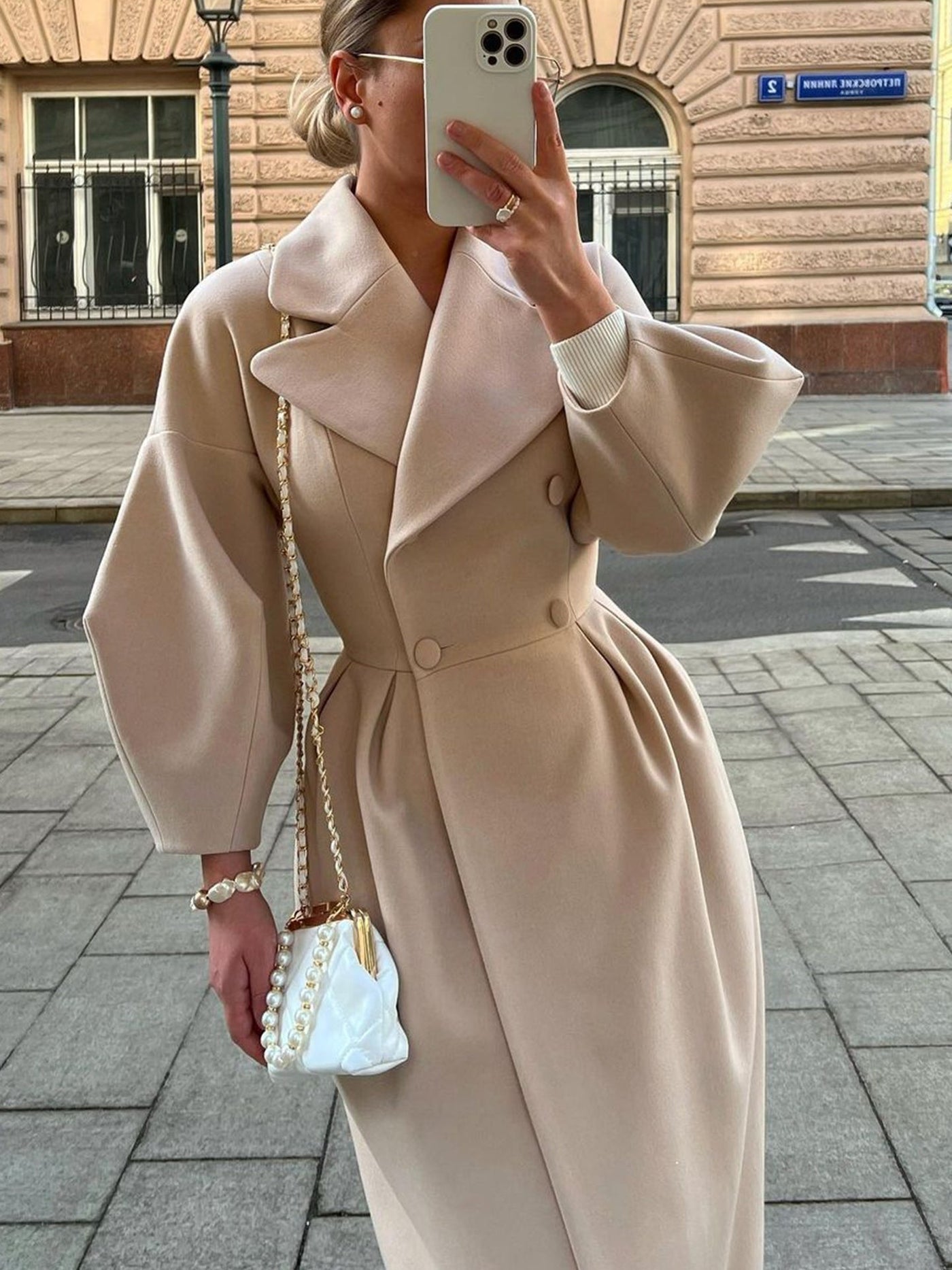 Renata Double-breasted Lantern Sleeve Coat - Khaki