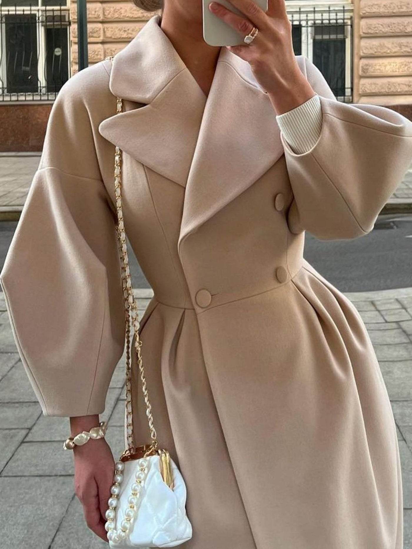 Renata Double-breasted Lantern Sleeve Coat - Khaki