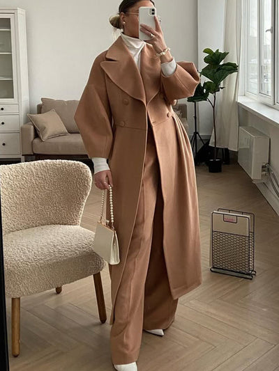 Renata Double-breasted Lantern Sleeve Coat - Brown