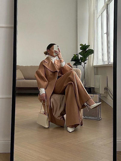 Renata Double-breasted Lantern Sleeve Coat - Brown
